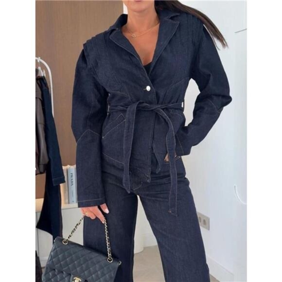 One Button Cropped Denim Jacket with Belted - Picture 2 of 5